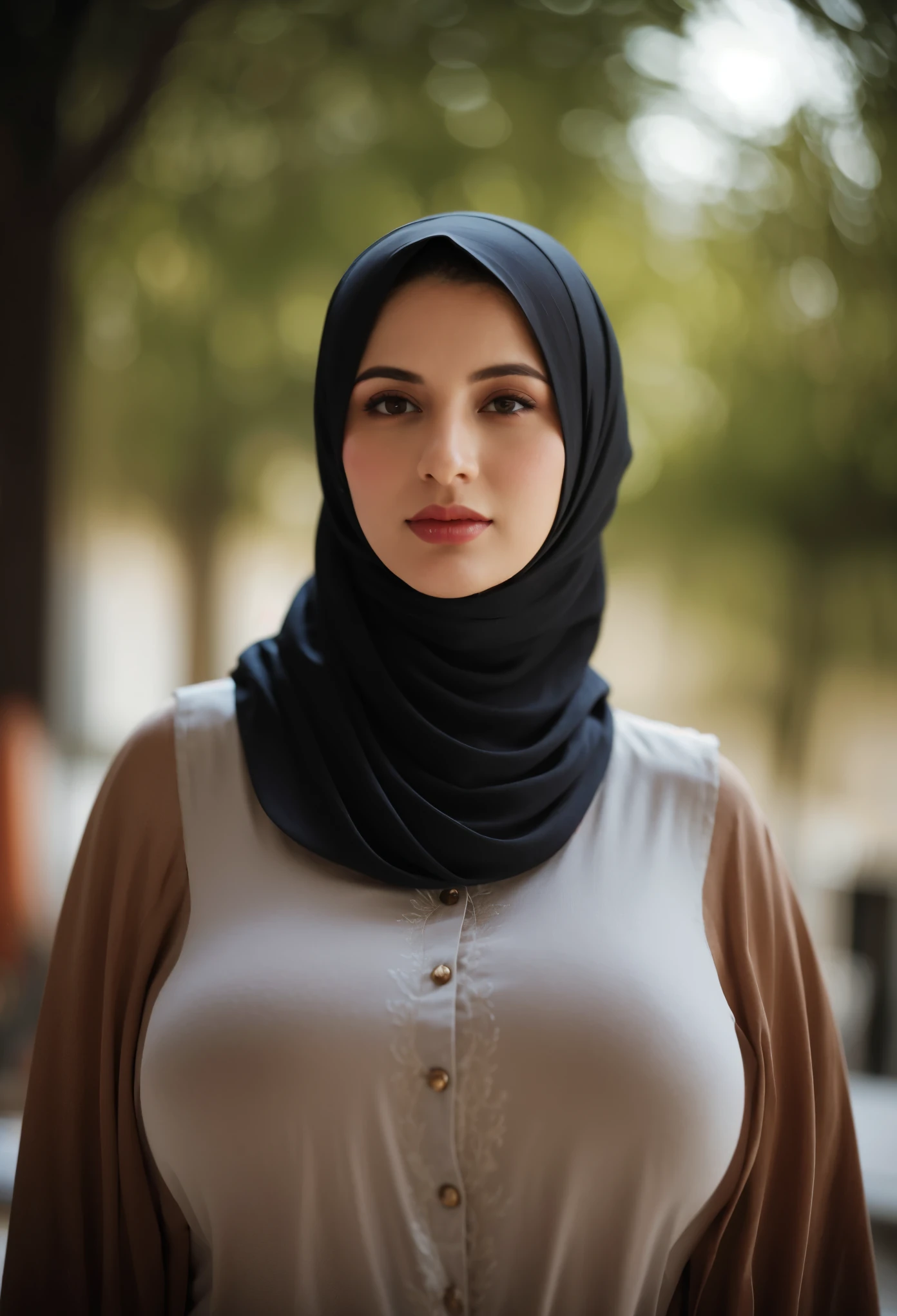 An ultra realistic, high resolution portrait of a beautiful Muslim woman wearing white and red hijab with stunning scenery in the background of Paris, France, posing for the camera. The color theme is white and red, It must have high details and sharp focus.