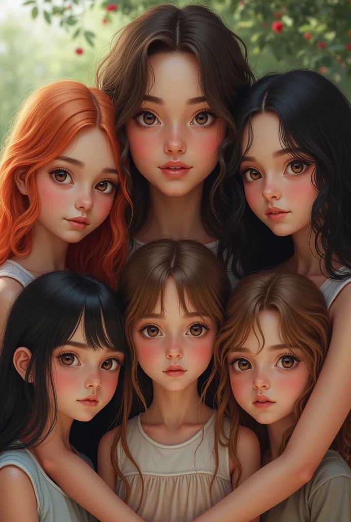 Girl with brown hair of 20 years old and with 4 daughters one less than 4 years old with black hair and the other sister 5 years old black hair the other sister 10 years old with black Lazio hair and the other 16 years old orange hair and half red 4 sisters but they are all very realistic 4 daughters 4 