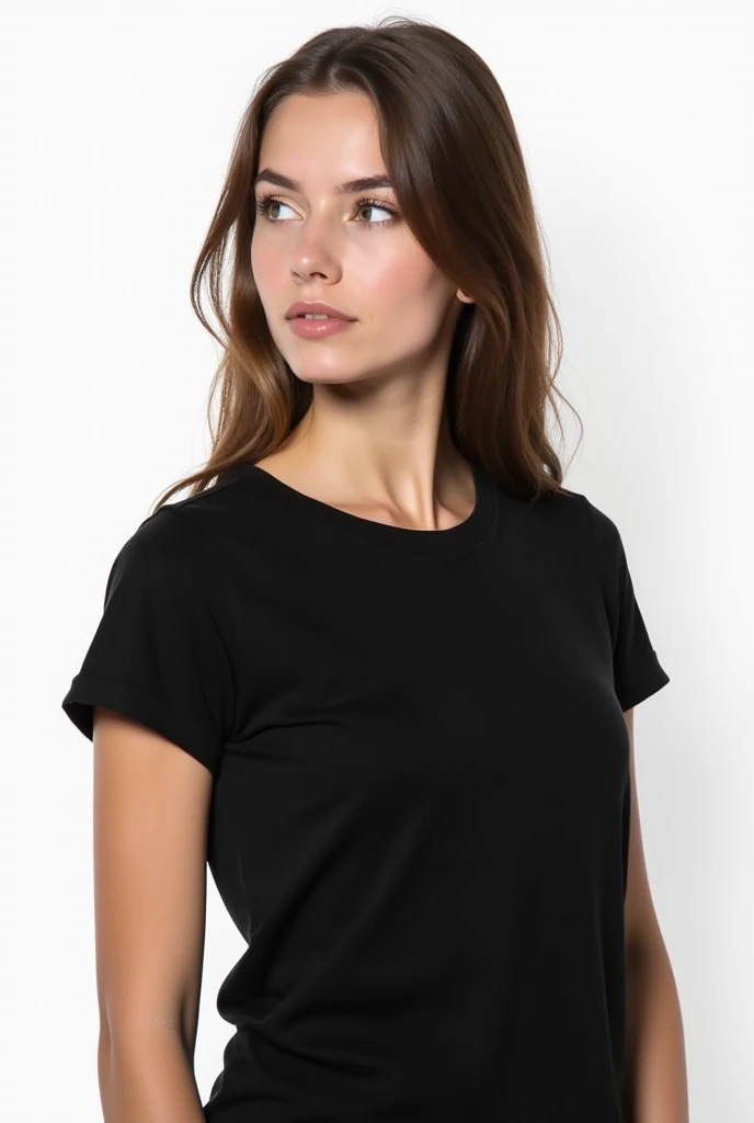 young woman in black t-shirt, smooth and unisex, on white background