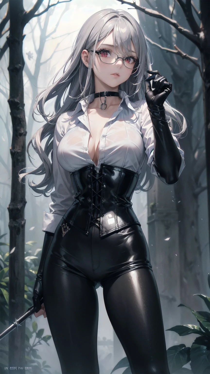 masterpiece, Superior image quality, High resolution, 4k image,photo and gross, photorealistic, whole body, 1 girl, fighting pose, {{{}}}, beautiful face, Long wavy silver hair, Red eyes, very detailed eyes, shy expression, Glasses, choker:1.6, (white long sleeve buttonn shirt with white collar), black gloves, gloves that cover hands, holding a spear in his hand, (black leather corset), (shiny black leggings), Sensual Lips, show details in the eyes, View from the front, looking at the viewer, Dark forest, fog, at night