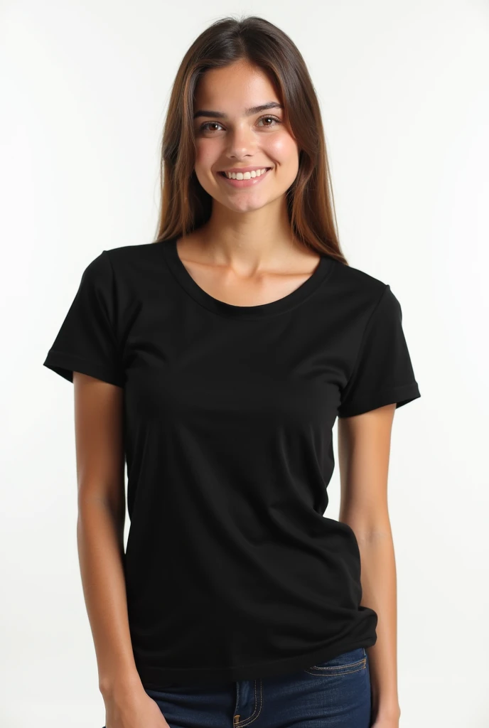 young woman in black t-shirt, smooth and unisex, on white background