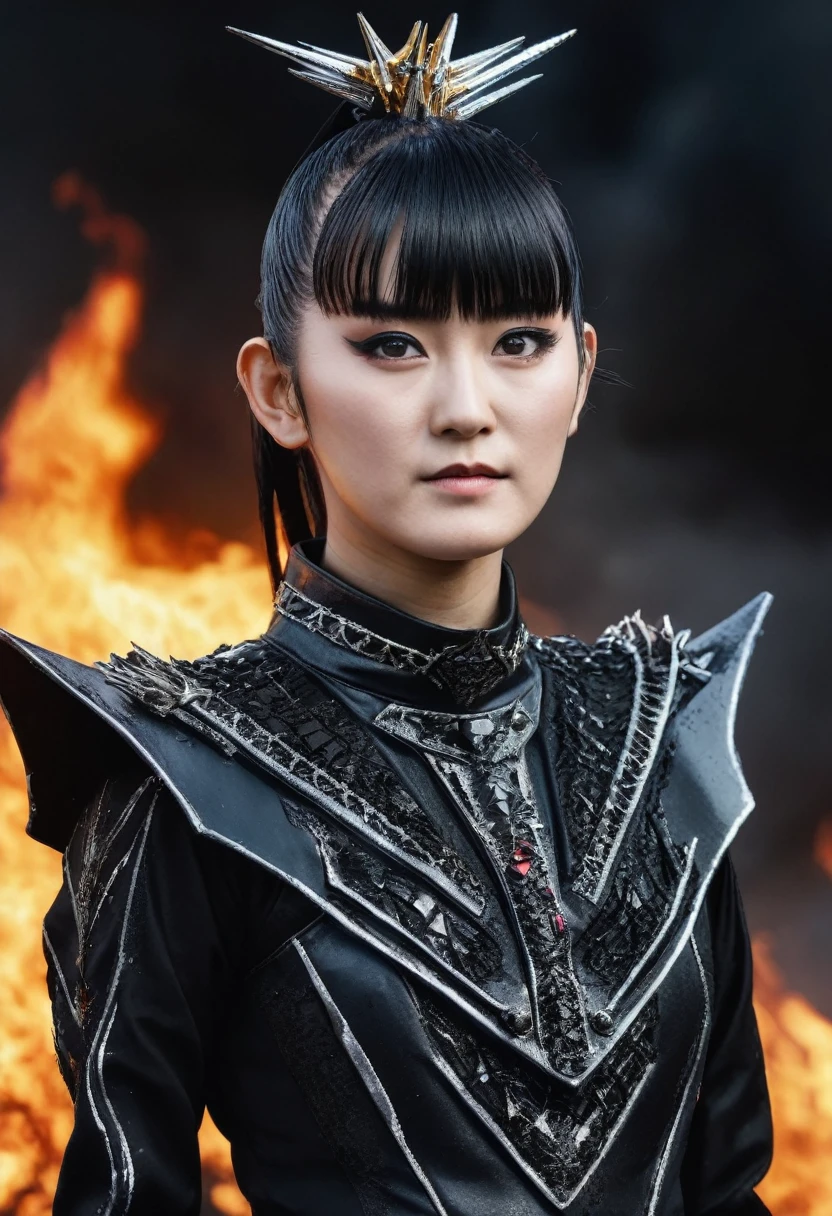 an upperbody close-up realistic shot with ultra detailed photo of sumetal from babymetal, ponytail, wearing a black metal suit , dark future battlefield background, ,heavy_jacket,Fire Angel Mecha. hyper realistic photo, UHD quality. hyper realistic photo, UHD quality., focus,more detail XL., ,suzuka,bm