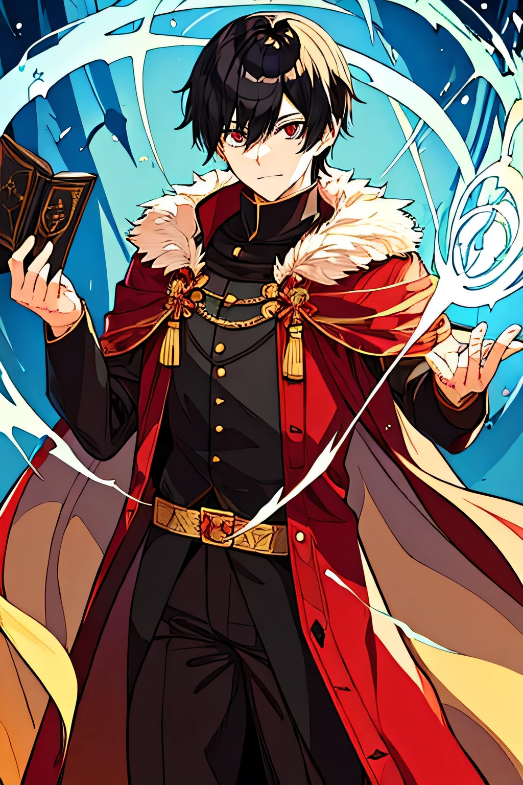 naughty man, man, boy, magician, mage, Youngh, young, short black hair, black grimoire, fire powers, white and red cloak