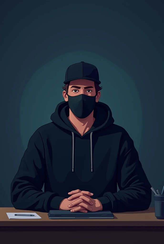Manly handsome looking 20 year old male business character, a cap, black hoodie. He is sitting in his studio,, arms on his desk, . It is night. The room is minimalistic. He is front facing to the camera, looking straight and centered, central portrait, sitting straight, front view, centered looking straight, looking straight at the camera facing the screen, looking at the camera, straight at front. The overall ambiance of the image should convey a connection to minimalism, flat illustration, bold line, minimalism, simplified, waering mask