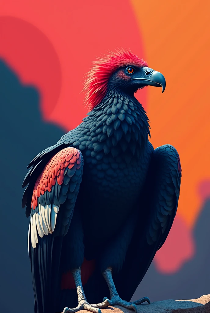 An Andean condor with bright colors without details and a bright but flat background colors like red,blue etc.