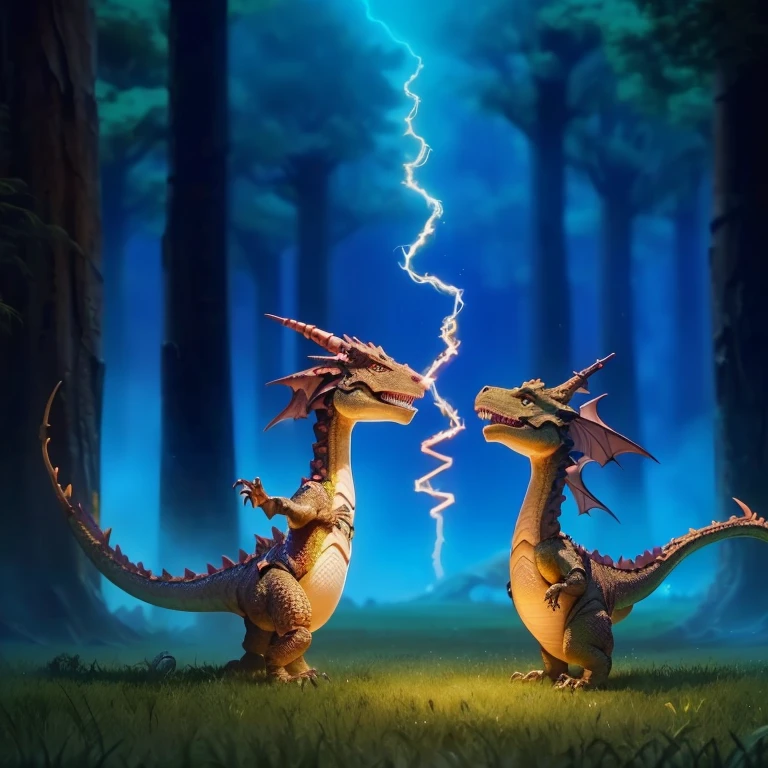 there are two dinosaurs that are standing in the grass, lightning dragons attack, dragon kissing, dragons, animated movie scene, charging through a dragons lair, digesting a small dragon, 3 d animated movie, animated movie still, animated film, magical scene, weta disney movie still photo, dreamworks animation, still from a 2015 pixar movie, animated movie