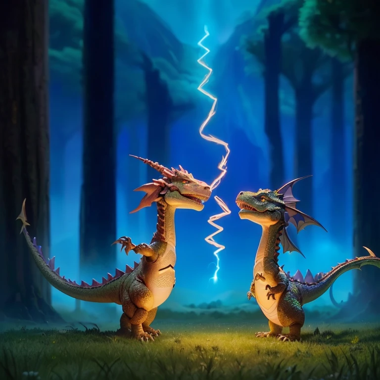 there are two dinosaurs that are standing in the grass, lightning dragons attack, dragon kissing, dragons, animated movie scene, charging through a dragons lair, digesting a small dragon, 3 d animated movie, animated movie still, animated film, magical scene, weta disney movie still photo, dreamworks animation, still from a 2015 pixar movie, animated movie