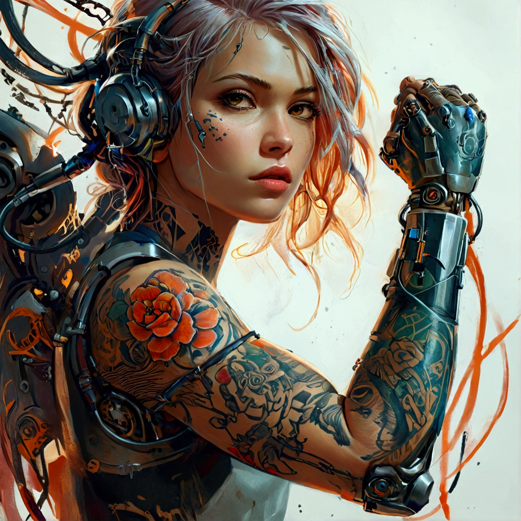 
"Sketch a female hero character with a powerful and dynamic presence. Her right arm should be adorned with intricate tattoos, full of symbols and designs that reflect her strength and story. Her left arm is mechatronic, with detailed mechanical parts, wires, and joints, showcasing advanced technology. The character should have a confident and determined expression, with a stance that exudes readiness and power. The sketch should focus on the contrast between the organic, tattooed right arm and the mechanical, cybernetic left arm, capturing the duality of her nature as both human and machine."
