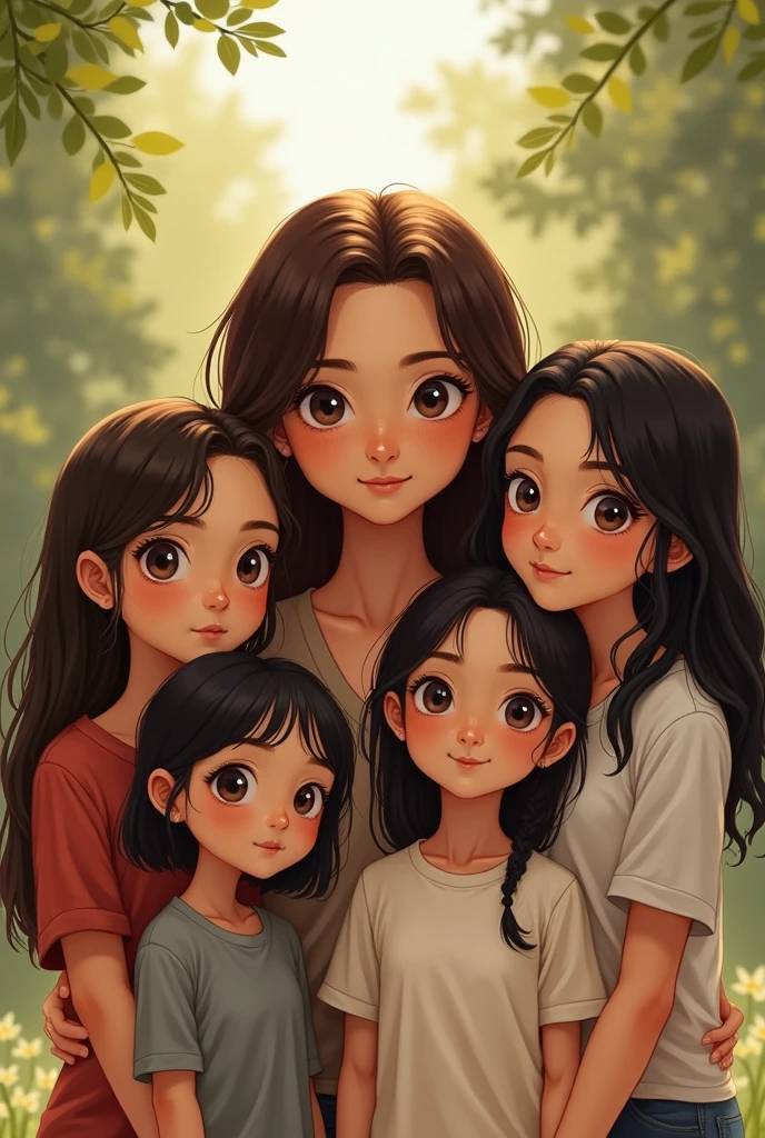 Girl with brown hair, 20 years old, with 4 daughters, one younger than 4 years old with black hair and the other sister 5  with black hair, the other sister 10 years oldck Lazio hair and the other 16 years old with alf red hair, 4 sisters but they are all very realistic, 4 daughters 