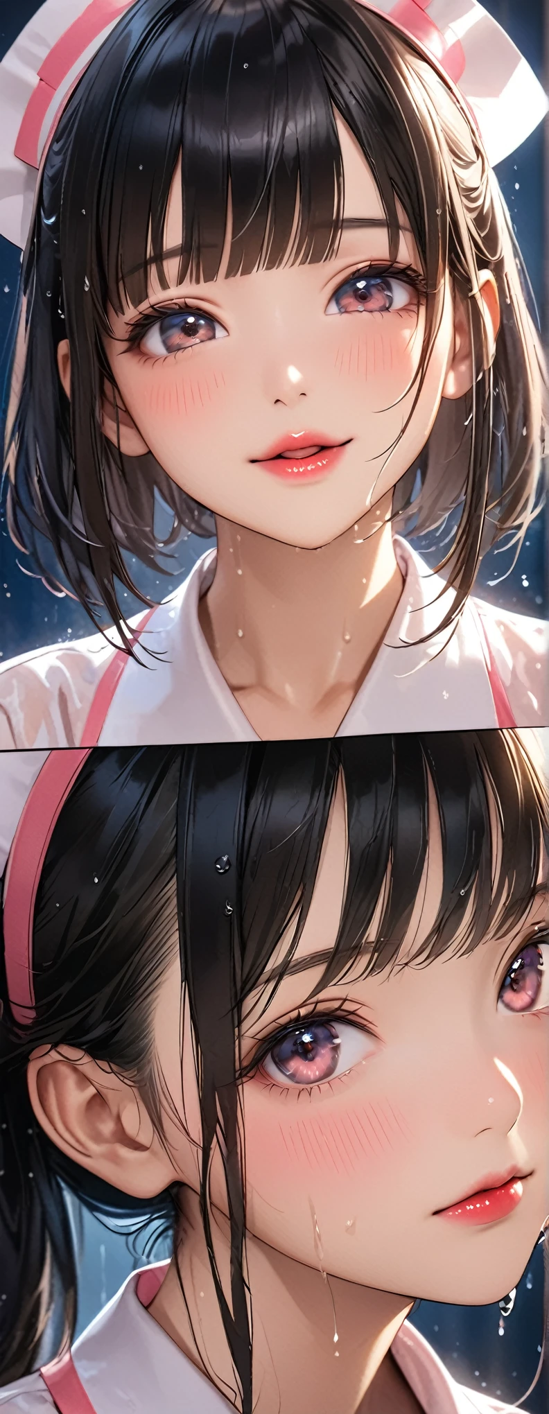 blunt bangs,Black Hair,(Light pink nurse clothes),Looks about 17 years old, (beautiful girl: 1.3),One girl,Highest quality,8k,Highly detailed CG unit wallpaper,masterpiece:1.2,Highest quality,Ultra-high resolution,RAW Photos,Realistic textured skin,Cinema Lighting,Happy,Big eyes,Detailed eyes,Wet,Watery eye,weak,(Beautiful glossy lipstick,Perfect Makeup,Ultra-high definition beauty face,Close ~ eyes,恥ずかしそうにkissを待つ,blush,kissを待つ顔,(((kiss)))