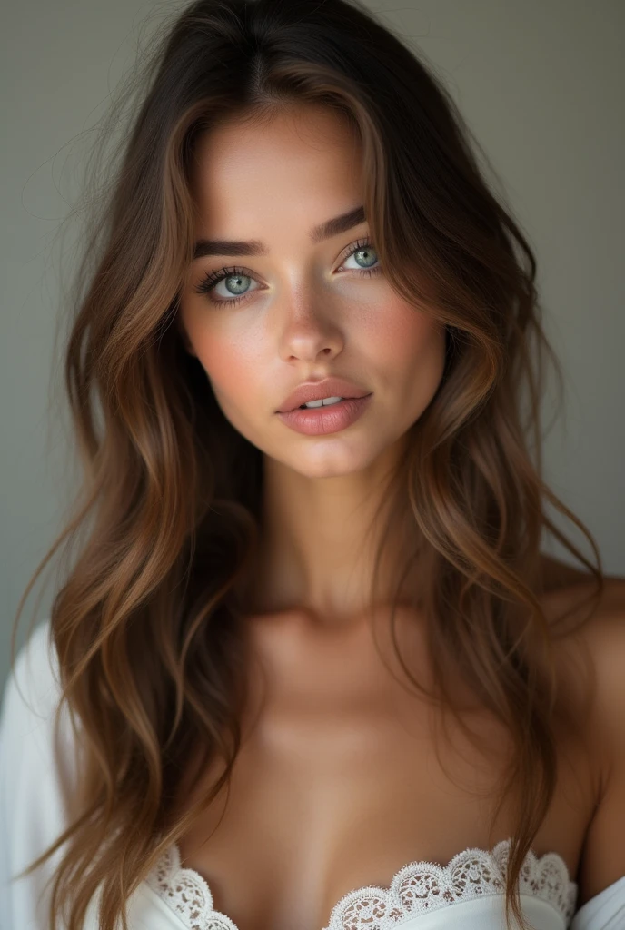 Realistic portrait-type photos of a long-haired woman  Beautiful  20
 years old with sky-blue eyes, light cinnamon skin, thick lips and fine features 