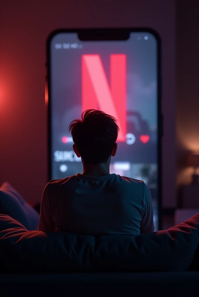image of a genz man (seated
back view) watching Netflix on phone. the phone needs to have a larger than life perspective as if the boy was infront of a large phone screen (seems like a theater screen). he can be seated on a couch.Keep it to night light with shades of black,red, purple .
