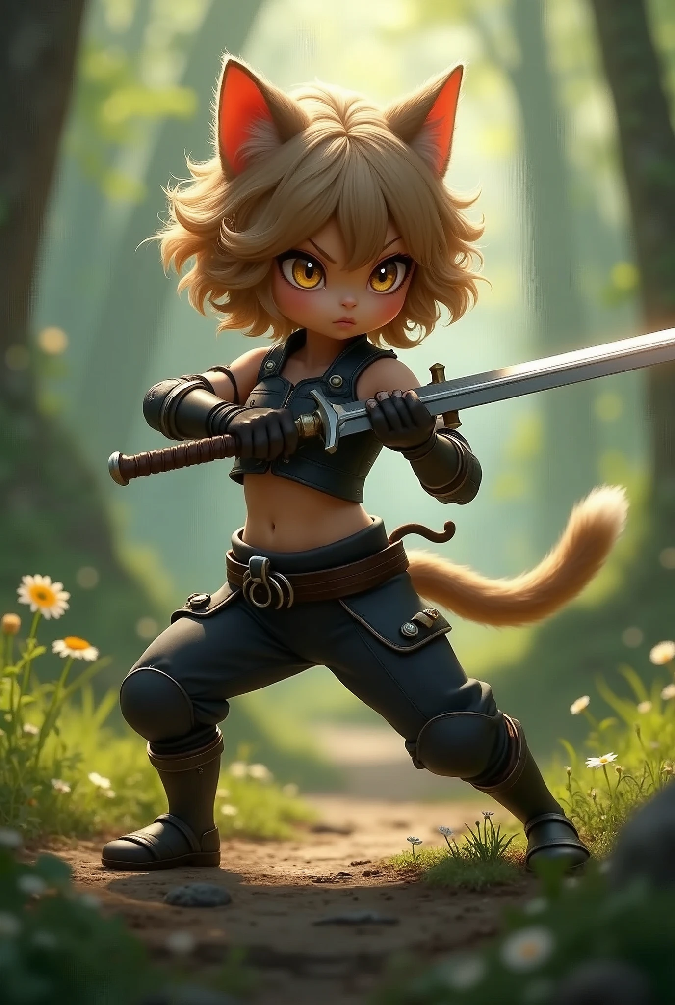 8k,写真を撮るsmall breasts cat girl, small breasts cat girl, Her light brown hair and short curly hair are Charm., Fantasy art, little cat girl, Vojtek Fas,Very small and black breastplate, Chiquita, Trending on cgstation,In the woods,Stern expression,Light brown permed short hair,Charm,Ultra-high resolution,Realistic Skin,has cat eyes,Rich colors, Backlight, Cinema Lighting, Film Grain, 50mm lens, Nikon D850,Ultra-high resolution,Ultra-realistic,Compensate,Super sexy,Very violently、Strong Abs,Big eyes,whole body muscular,concentrate,Strengthen all body muscles,Dynamic pose,と黒のVery small breastsの胸鎧,黒のbattleズボン,Very small breasts,Holds a short sword,anger,battle,
