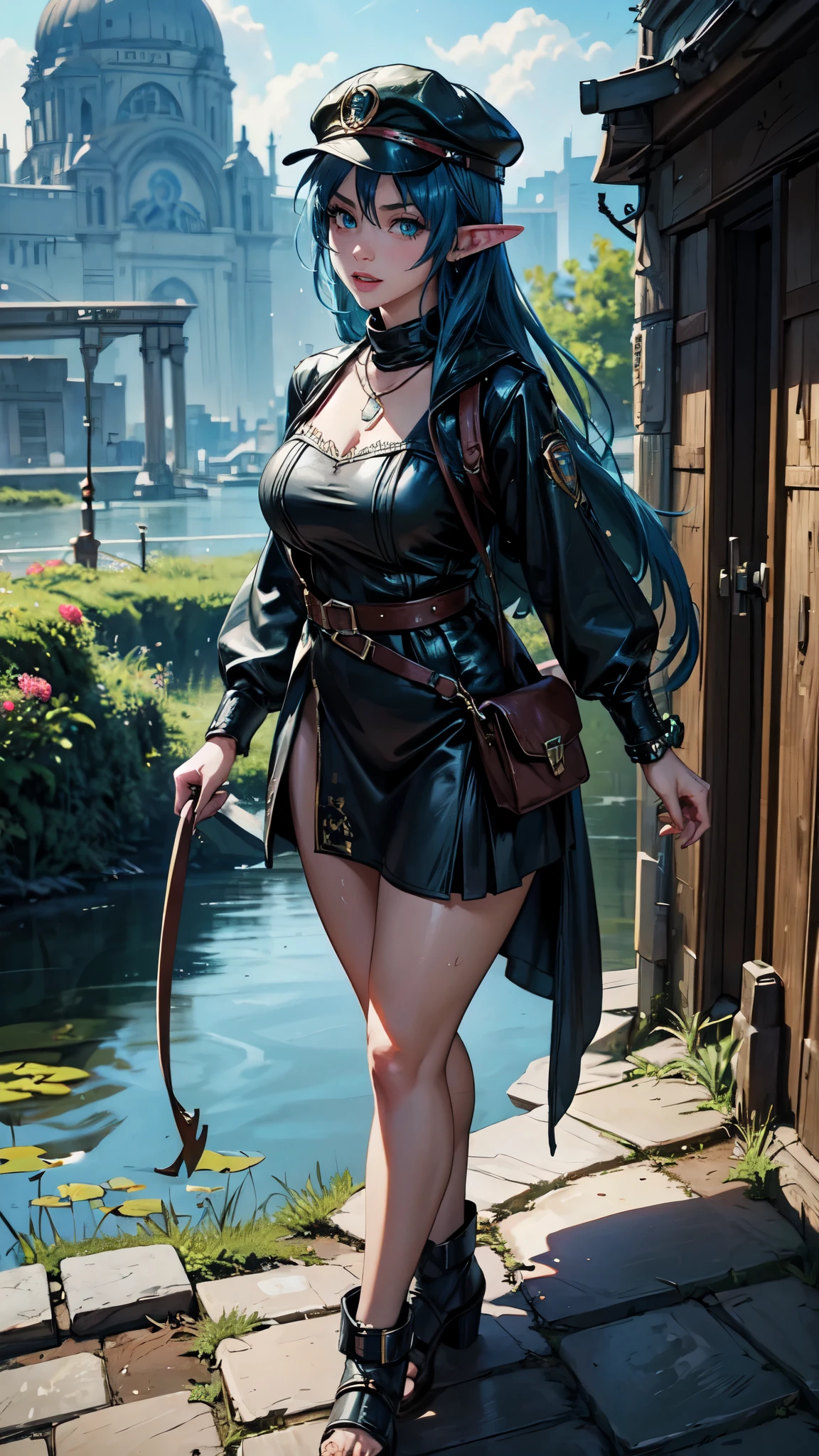 score_9. score_8_up, score_7_up, score_6_up, score_5_up, score_4_up, 1girl, blue hair, curvy, gothic, g0th1cPXL, glowing, neon, devil,((best quality)) , ((masterpiece)) , (detailed) , （anime key visual：1.2）, ground level shot of a Tough Egyptian， (Vigorous Girl:1.3) , wearing Invigorating Flat cap with tuber trimmings, Making funny face, Circlet, Necklace, pond and cityscape, deep focus, Cel shading, （intricate background split lighting：1.2）, Depth of field 270mm, behance, wallpaper, Concept artist，4K, 8k resolution,body,detailed eyes, elf woman, flowers, wet hair,full body