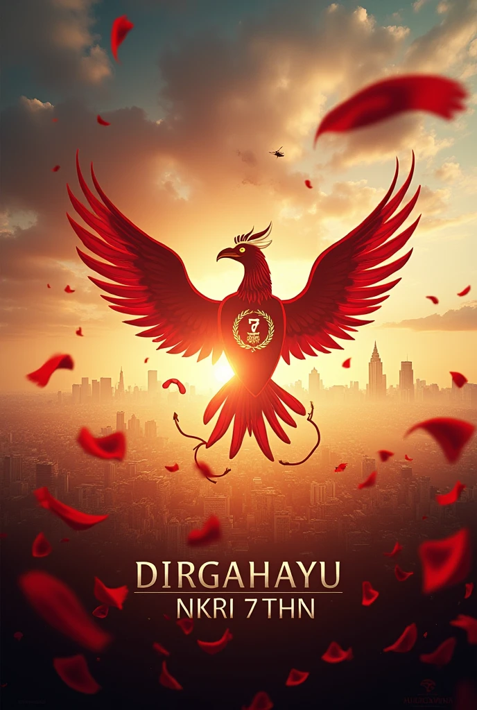 realistic. depicts a 16:9 film poster with the title "DIRGAHAYU NKRI 79THN". bold writing is very clearly visible in front of the screen. Garuda Pancasila background. red and white flag fluttering. looks like 17 August independence day. building, helicopter. best quality, beacon lens,shading,bloom,HDR,high contrast.high.8k.bokeh