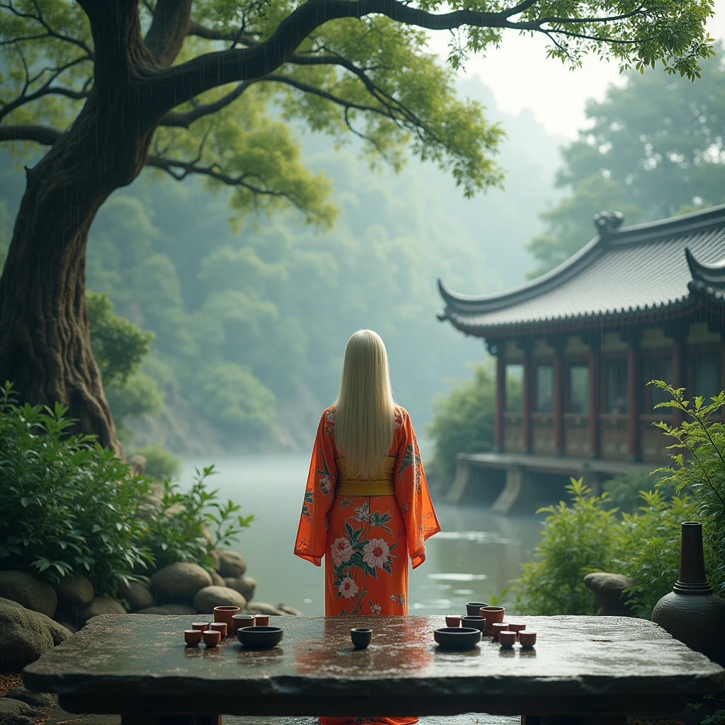 hyperealistic photo A full body shot of A beautiful blonde woman, wearing a japanese Kimono with floral design, A large tree, the wooden house is surrounded by green plants and misty rain in ancient China. The high definition photography style features exquisite details of real scenery, with teacups placed on stone tables under it. A wide perspective showcases an open space with beautiful artistic conception. In front of them was another tea table in the style of Chinese art, creating a magnificent view. photorealistic, ultra-realistic photograph captured, high-resolution quality ,detailed face, 8k