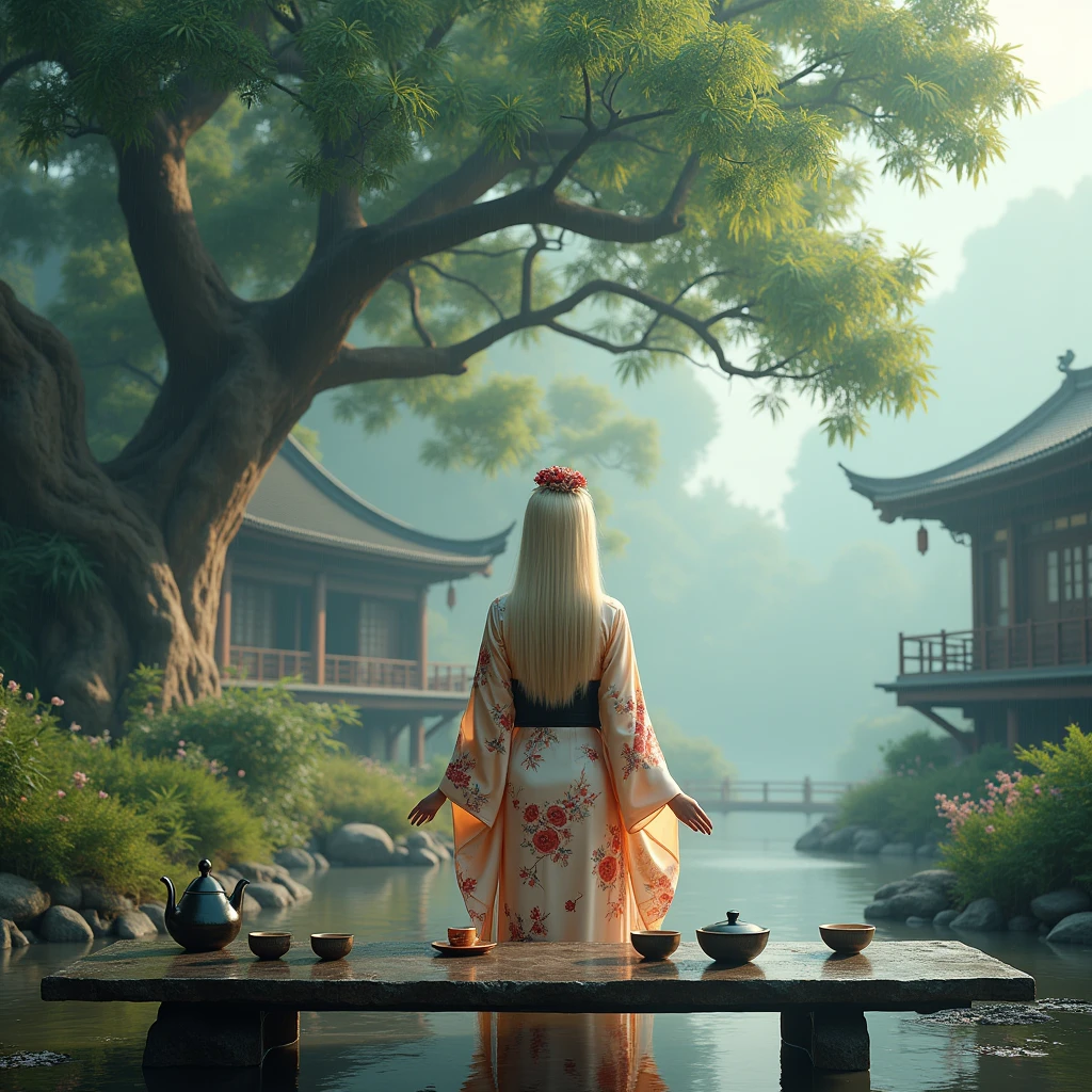 hyperealistic photo A full body shot of A beautiful blonde woman, wearing a japanese Kimono with floral design, A large tree, the wooden house is surrounded by green plants and misty rain in ancient China. The high definition photography style features exquisite details of real scenery, with teacups placed on stone tables under it. A wide perspective showcases an open space with beautiful artistic conception. In front of them was another tea table in the style of Chinese art, creating a magnificent view. photorealistic, ultra-realistic photograph captured, high-resolution quality ,detailed face, 8k