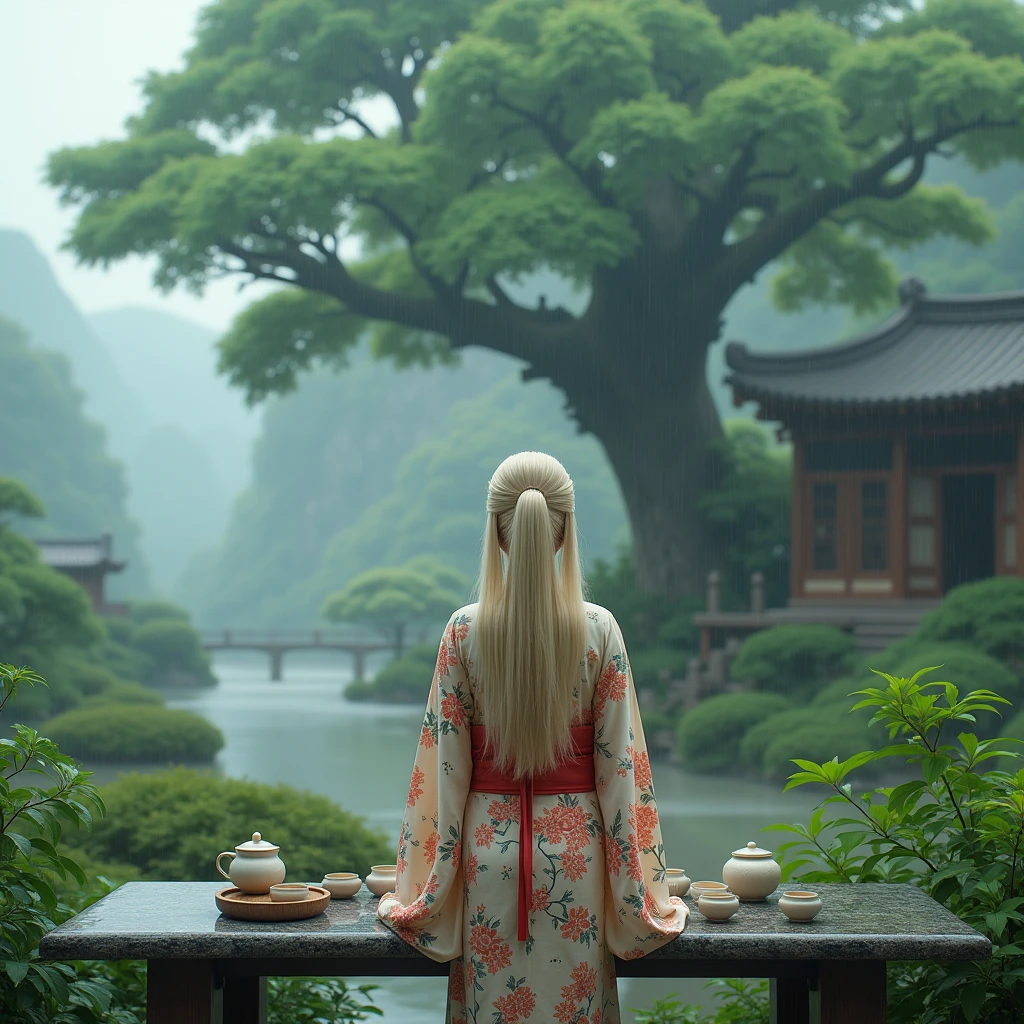 hyperealistic photo A full body shot of A beautiful blonde woman, wearing a japanese Kimono with floral design, A large tree, the wooden house is surrounded by green plants and misty rain in ancient China. The high definition photography style features exquisite details of real scenery, with teacups placed on stone tables under it. A wide perspective showcases an open space with beautiful artistic conception. In front of them was another tea table in the style of Chinese art, creating a magnificent view. photorealistic, ultra-realistic photograph captured, high-resolution quality ,detailed face, 8k