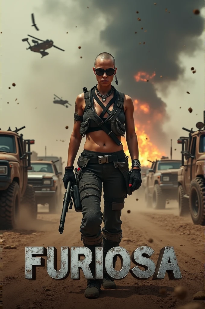 Center Furiosa, a fierce woman with a shaved head and black war paint across her eyes, wearing rugged, battle-worn clothing. Surround her with a desolate desert landscape, featuring rusted, spiked vehicles and a stormy, dusty sky. The scene should convey chaos and intensity, with fire, explosions, and flying debris in the background. Use a dark, gritty color palette with heavy contrasts to highlight the harshness of the environment. The title 'Furiosa' should be bold and metallic, placed prominently at the top or bottom."
If you'd like the image in a 16:9 ratio (1920x1080), I can ensure that it fits within that aspect ratio.