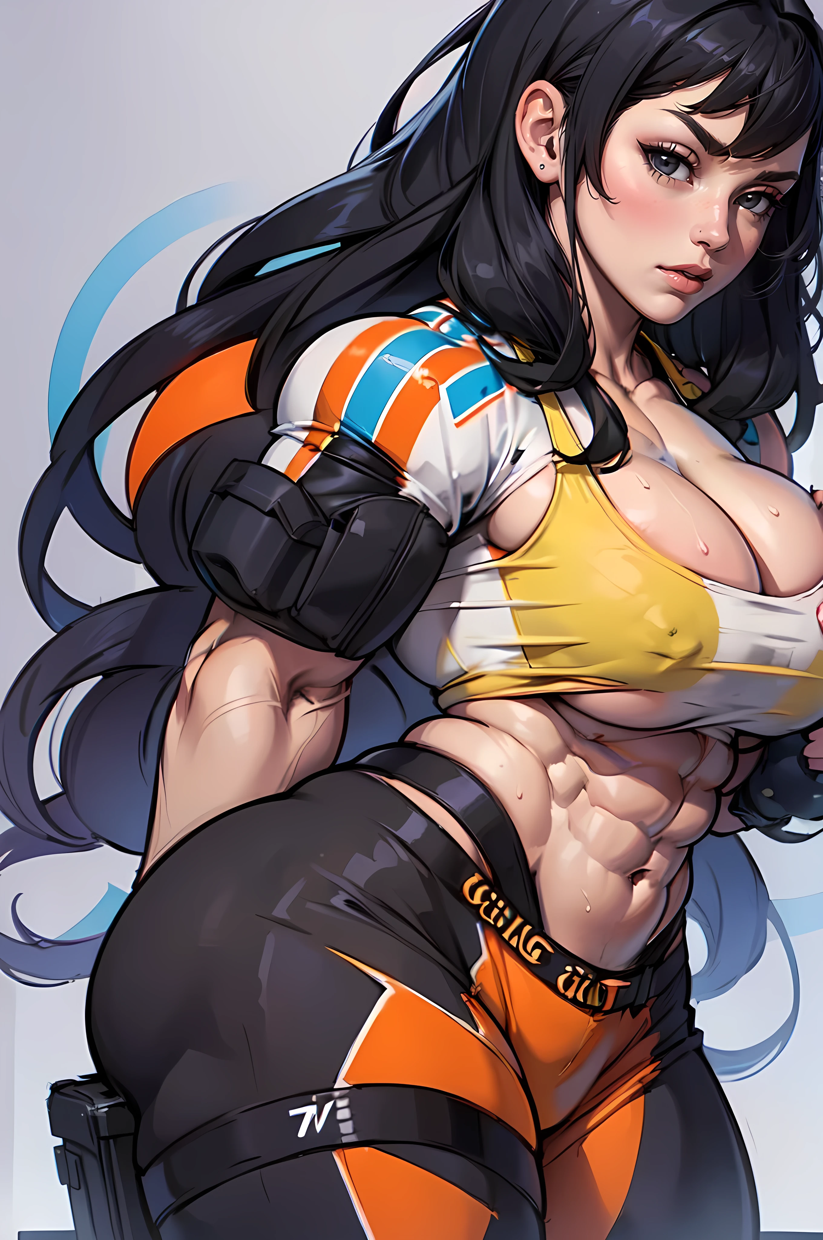 (((massive female bodybuilder))) with (((giant breasts:2))) (((thick))) pale skin black hair yellow eyes sweaty drop shadow waistup sad extremely long hair