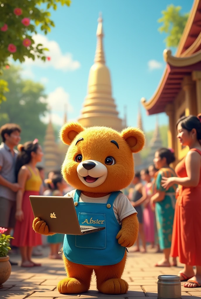 I want travel picture that feel adventurous in the scene is take place in Thailand , have Thailand landmark also I want cute butter bear with blue apron on her body hold laptop acer in the middle of picture around with Thai friend that wear Thai traditional costume , this picture have to be horizontal size . This picture have to show some of activity and movement 
