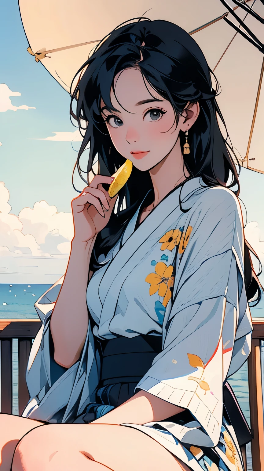 Young woman drinking lemonade Japanese Seaside summer sunny Parasol