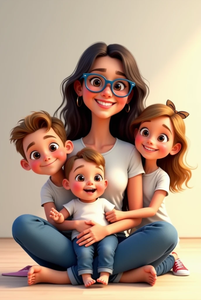 Create a Pixar animation style family portrait.
A mother with three children. A one year old baby boy. An 8 year old boy with glasses and a 6 year old girl.
The mother is sitting on the floor with her legs crossed and holding the baby in her arms..
On the left is the boy. On the right is the girl. Everyone is wearing a white t-shirt and jeans. Everyone is smiling warmly and has a cheerful expression.
The mother has long, wavy dark hair and wears blue-framed glasses..
The children have light brown, almost blonde hair..
The boy has light brown, almost blond hair..
She has shoulder length hair with a bow on her head.
The background is neutral and soft in tone..
The entire scene must have vibrant colors., expressive expressions and warm lighting typical of Pixar animations.