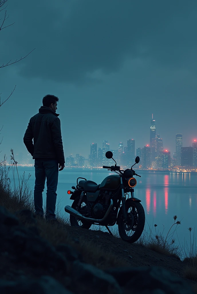 At night lonely and sad man on top of a hill looking out at a bright city with his motorcycle image