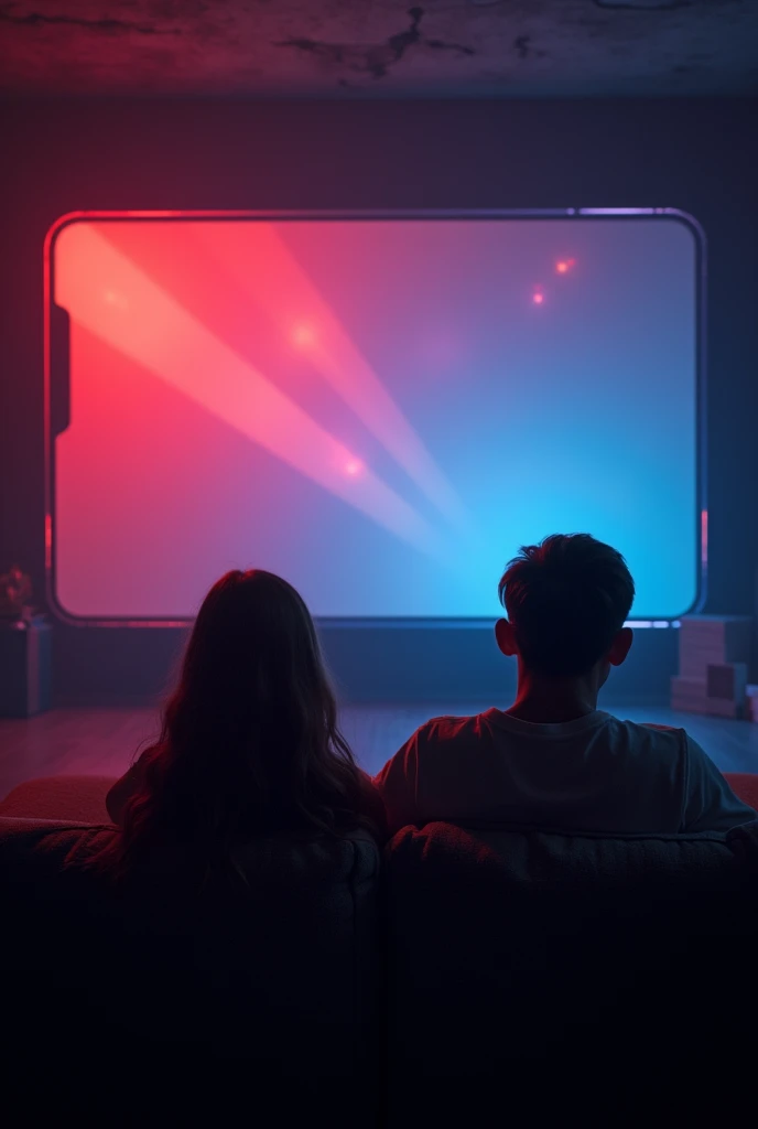 image of a genz man & girl (seated
back view) watching Netflix on phone. the phone needs to have a larger than life perspective as if the boy was infront of a large phone screen (seems like a theater screen). he can be seated on a couch.Keep it to night light with shades of black,red, purple .