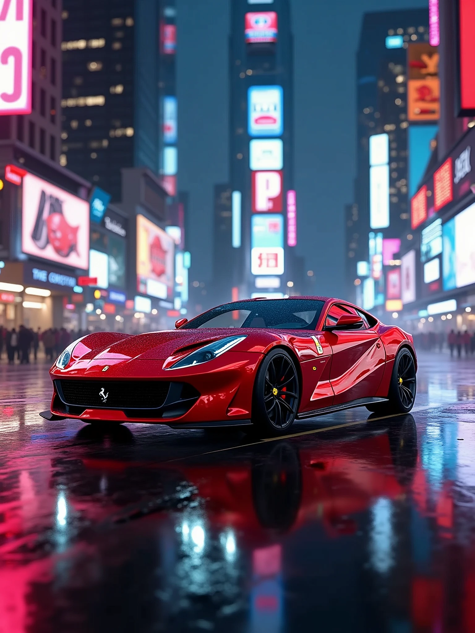 A red Ferrari car, driving through a neon city at night, lots of glowing signs