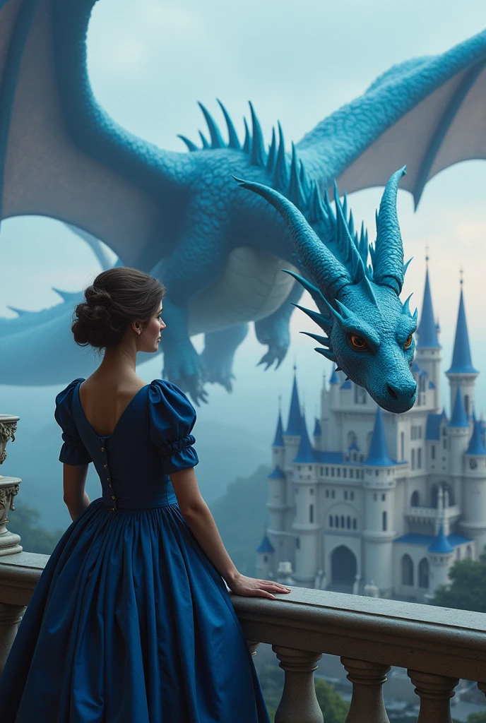 In the background, an elegant castle with a majestic dragon in rich shades of blue flying over the castle, with magical details sparkling brightly. In the central scene, a young woman dressed in sophisticated regency attire stands on a balcony, looking up at the dragon.