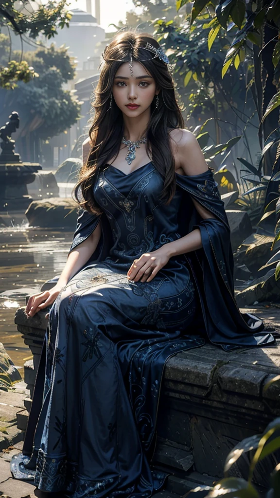 4K, UHD, Masterpiece, 1 girl, good face, detailed eyes, ((very long hair)), bridal hairstyle, butterfly on hair, ornaments, crystal ornaments, jwellery, block print dress, ((indigo dress)), very detailed dress, strap dress, flowing cape, mesh stocking, cinematic unreal scenery, legendary scenery, rainy weather, wet ground, depth of field, ray tracing, bloom, god rays, lens flare, sun flare, cinematic pose, sitting,