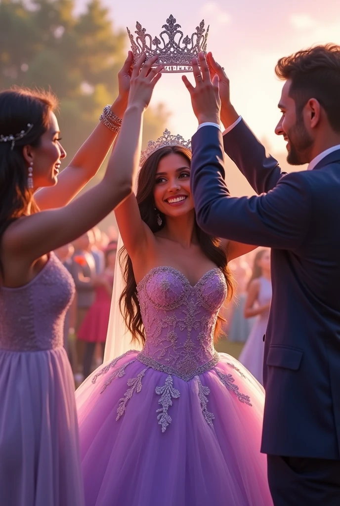 Quinceañera with a beautiful lilac dress being crowned by her parents who are separated from her as well as the crown on her head 
