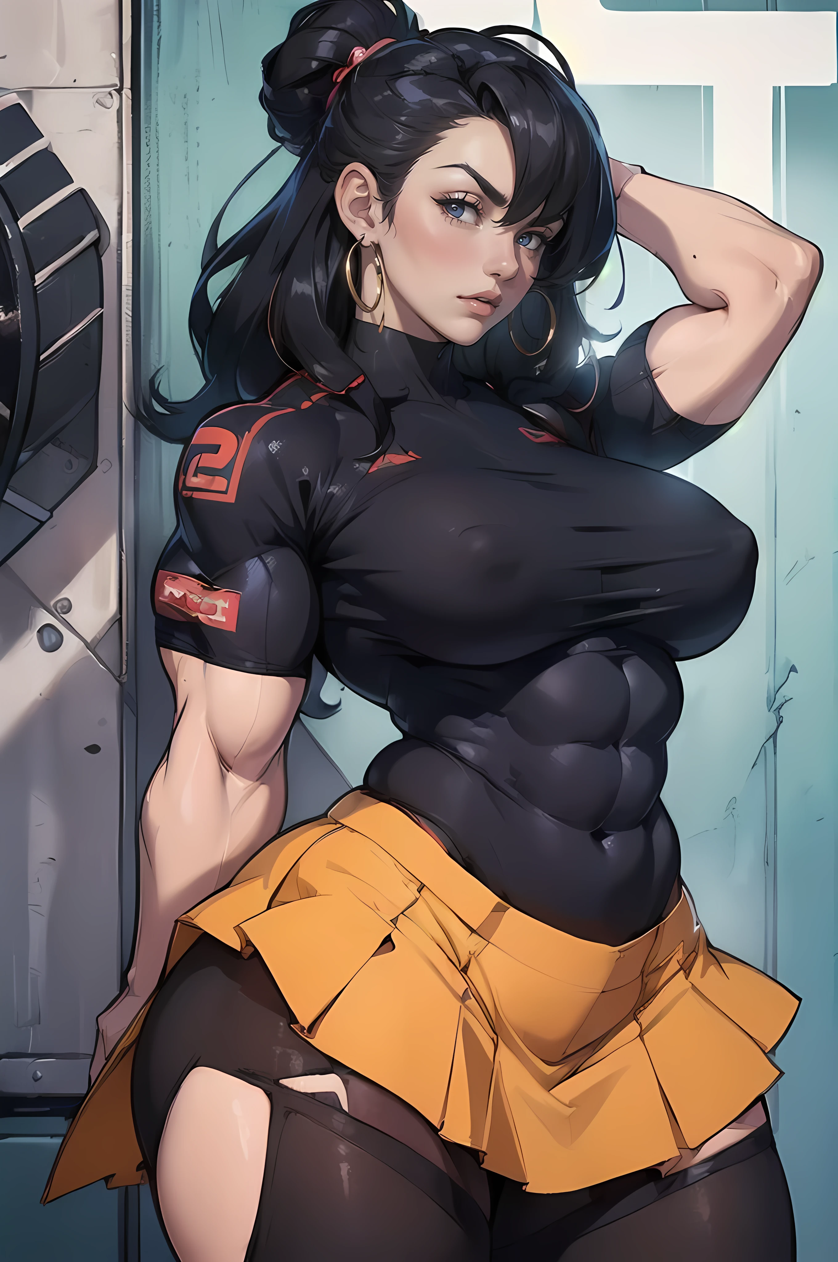 ((massive bodybuilder girl:2)) with ((huge giant breasts2)) black hair yellow eyes pale skin frown UHD 16k best quality wide hips (erotic tight shirt) (tranparent skirt) pantyhose