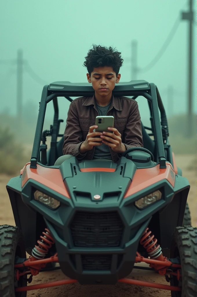 Image of a hallucinated -yeld Mean boy with an iPhone in his hand on top of a realistic RZR 