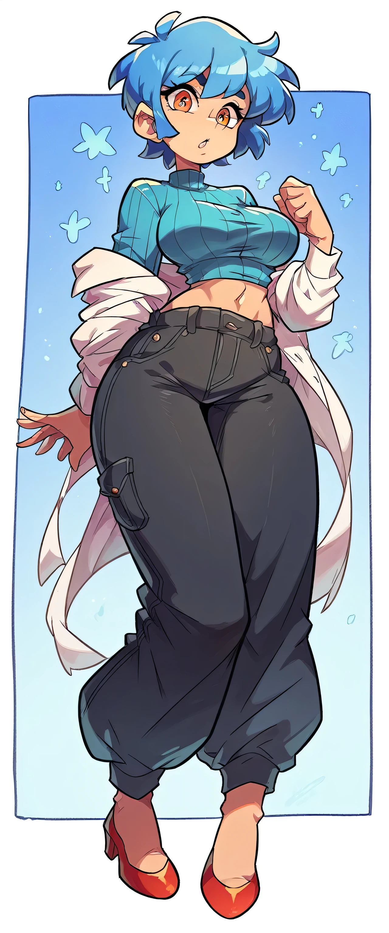 a beautiful sexy cute attractive big breast beautiful navy blue hair disheveled short cut in front of her orange eye wears a buttoned referee blouse black white stripe shows belly button long black pants red heels a kind of jellyfish Transparent blue holds her head powerful manipulation controlled her head