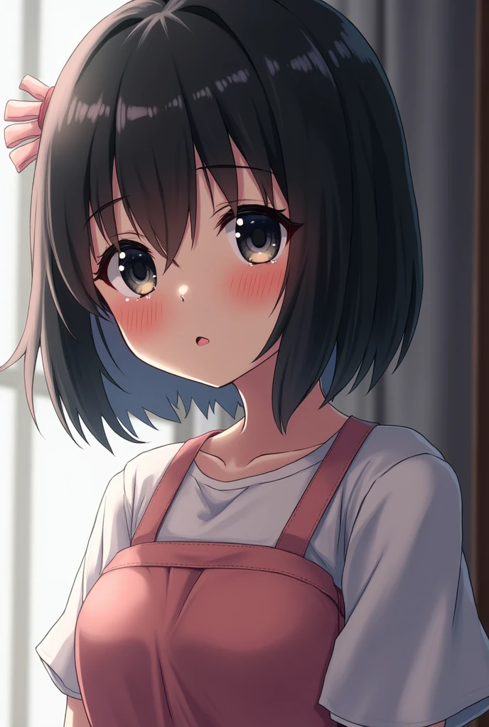 Anime girl crying with black short hair and black eyes and cute dress