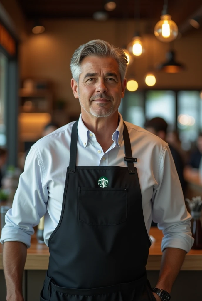 An intelligent man with grey hair wearing a Starbucks black apron
