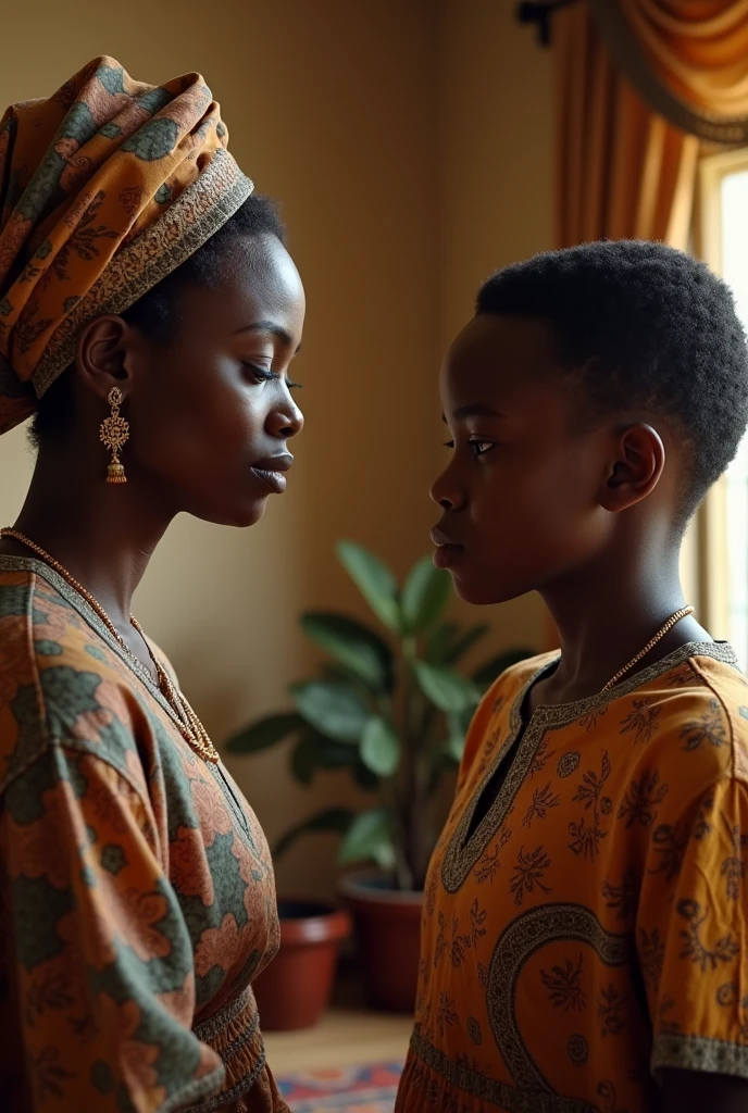 Create an image of Chukwudi, my son,” she began, her voice firm but gentle, “you know I love Ifeoma as my own daughter. But this childlessness is bringing shame to our family. People are beginning to talk. Have you considered taking another wife?”make it hyper realistic and 16:9 ration