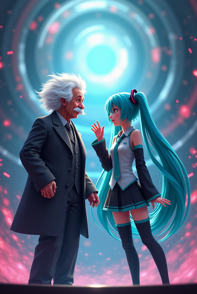 Albert Einstein and Hatsune Miku Singing at a Concert