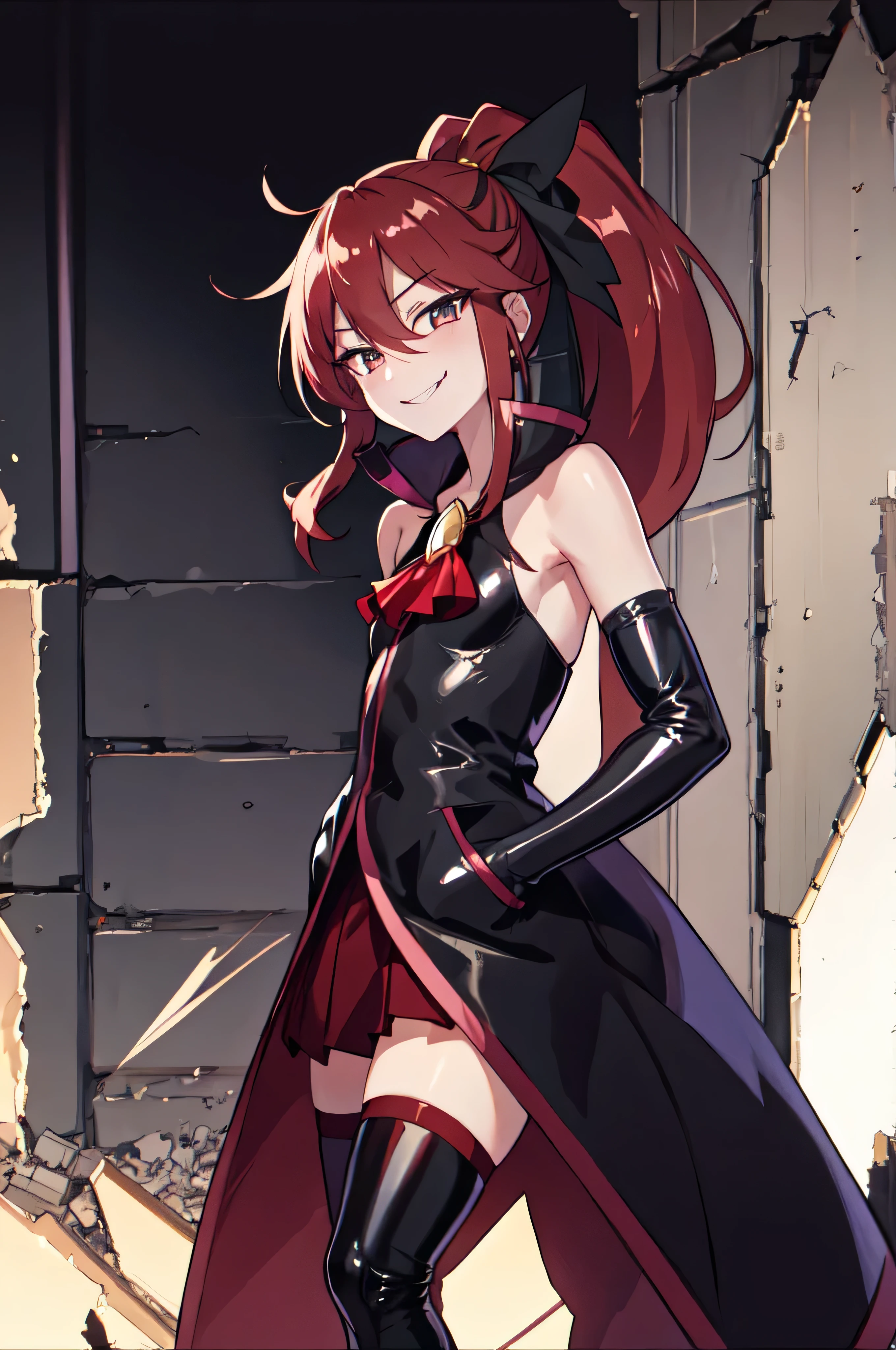 Highest quality, masterpiece, One Girl,Not beautiful, Red Ponytail, Long dress, brooch, Hair Ribbon, - Elbow hand pockets, Black knee socks, Standing on the rubble,  (Evil smile:1.1), ,,Dark shadow face,Sadistic smile,Malice,Contempt,smile,latex,Bad face,,Red Skirt,both hands,Two legs,Five Fingers,Evil background,Elbow hand pockets,latex, Evil smile, Debish Aura (Shiny fabric:1.5),Dark world background,shaded face(eyes in shadow)


