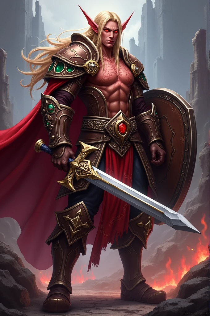 Blood Elf Warrior, Warcraft, red, sword and shield, blond hair
