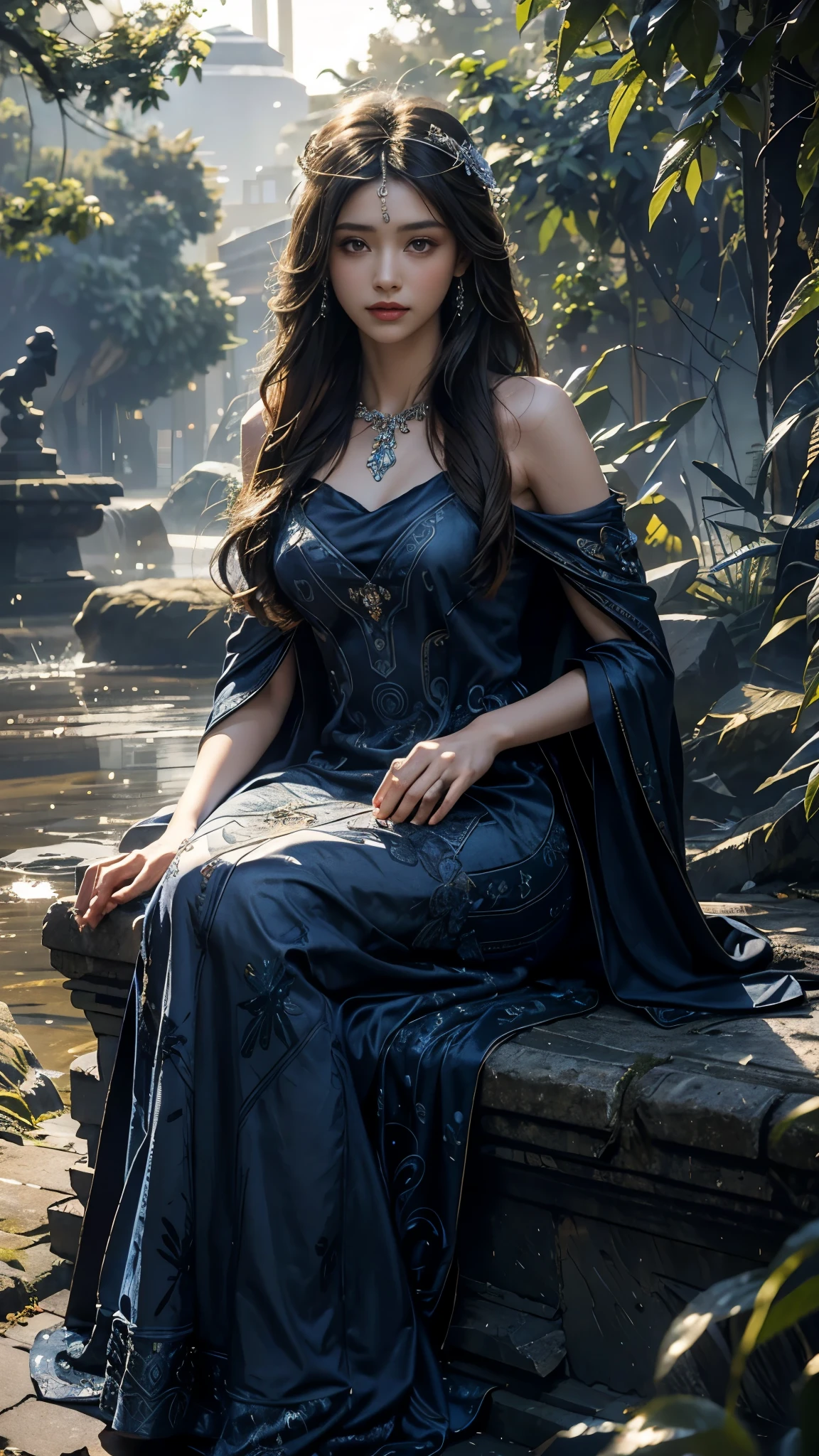 4K, UHD, Masterpiece, 1 girl, good face, detailed eyes, ((very long hair)), bridal hairstyle, butterfly on hair, ornaments, crystal ornaments, jwellery, block print dress, ((indigo dress)), very detailed dress, strap dress, flowing cape, mesh stocking, cinematic unreal scenery, legendary scenery, rainy weather, wet ground, depth of field, ray tracing, bloom, god rays, lens flare, sun flare, cinematic pose, sitting,