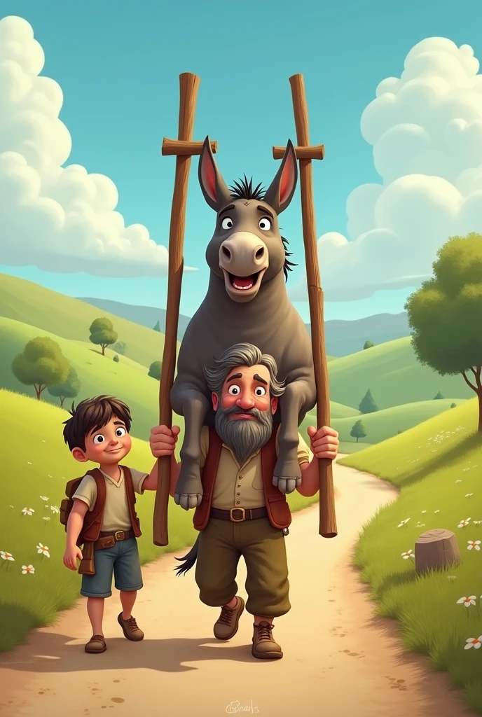 A father and son are carrying their donkey by tying it upside down to a stick, which they then place on their shoulders.