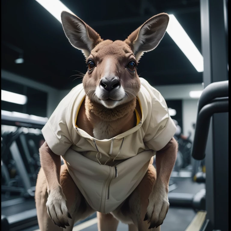 there is a kangaroo that is standing on a treadie, subject : kangaroo, subject: kangaroo, spy kangaroo, pete davidson walking a kangaroo, kangaroo, in australia, australia, casually dressed, kangaroos, australian, in a gym, 🦩🪐🐞👩🏻🦳, shutterstock, working out, portrait shot, aussie, chasing a kangaroo