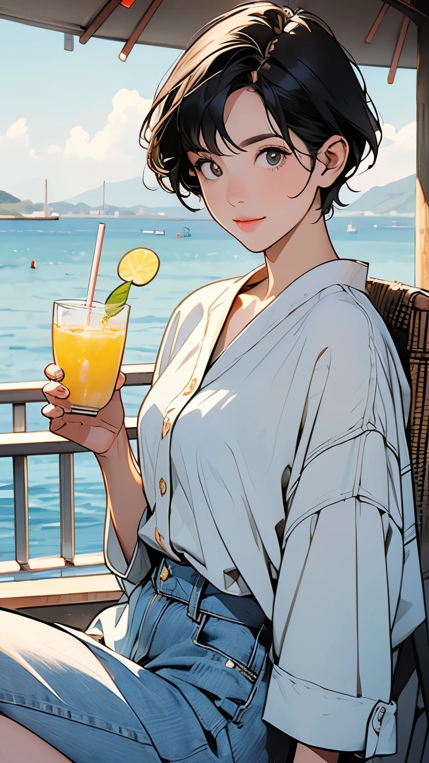 Young short-haired woman drinking lemonade Japanese Seaside summer sunny terrace Casual clothing