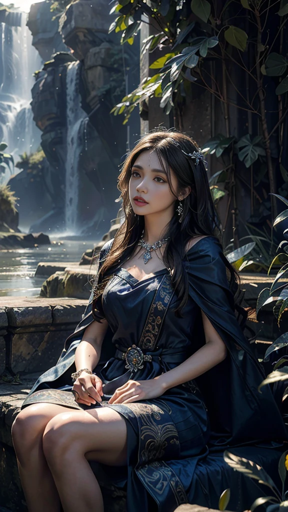 4K, UHD, Masterpiece, 1 girl, good face, detailed eyes, ((very long hair)), bridal hairstyle, butterfly on hair, ornaments, crystal ornaments, jwellery, block print dress, ((indigo dress)), very detailed dress, strap dress, flowing cape, mesh stocking, cinematic unreal scenery, legendary scenery, rainy weather, wet ground, depth of field, ray tracing, bloom, god rays, lens flare, sun flare, cinematic pose, sitting,