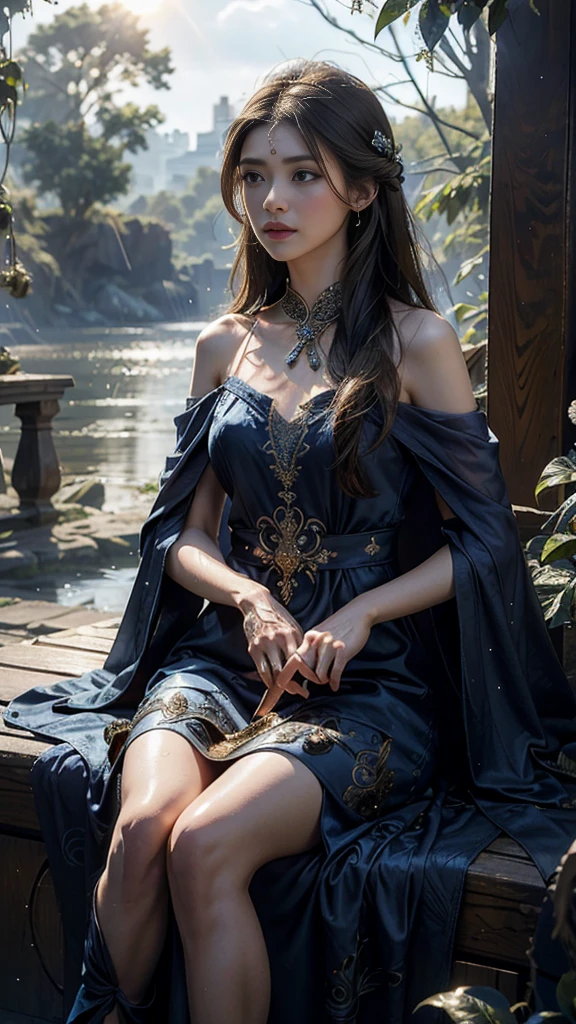 4K, UHD, Masterpiece, 1 girl, good face, detailed eyes, ((very long hair)), bridal hairstyle, butterfly on hair, ornaments, crystal ornaments, jwellery, block print dress, ((indigo dress)), very detailed dress, strap dress, flowing cape, mesh stocking, cinematic unreal scenery, legendary scenery, rainy weather, wet ground, depth of field, ray tracing, bloom, god rays, lens flare, sun flare, cinematic pose, sitting,