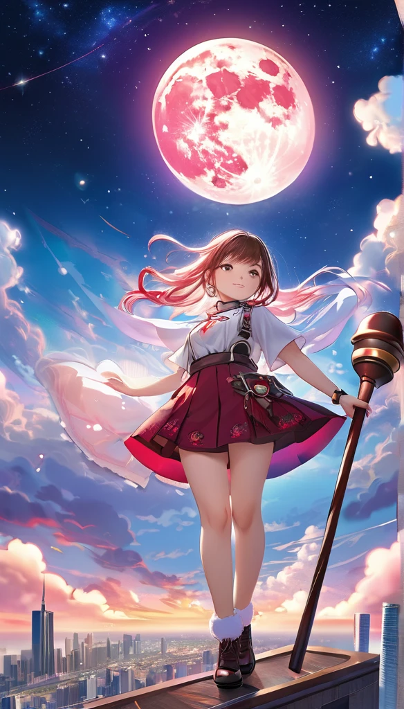 Red Cliff, Super deformed, Fantasy fantasy story, best quality, very good, 16K, 2.5D, Delicate and dynamic depiction, (Cute girl wearing a skirt and holding a cane standing on a high ground), The city in the sky above the clouds, Colorful soft clouds, City of modern architecture, Beautiful fusion with nature, river, Bright starry sky, Pink Moon, Sparkling and fluffy image effects, Brightly colored artwork, Detailed decorative background