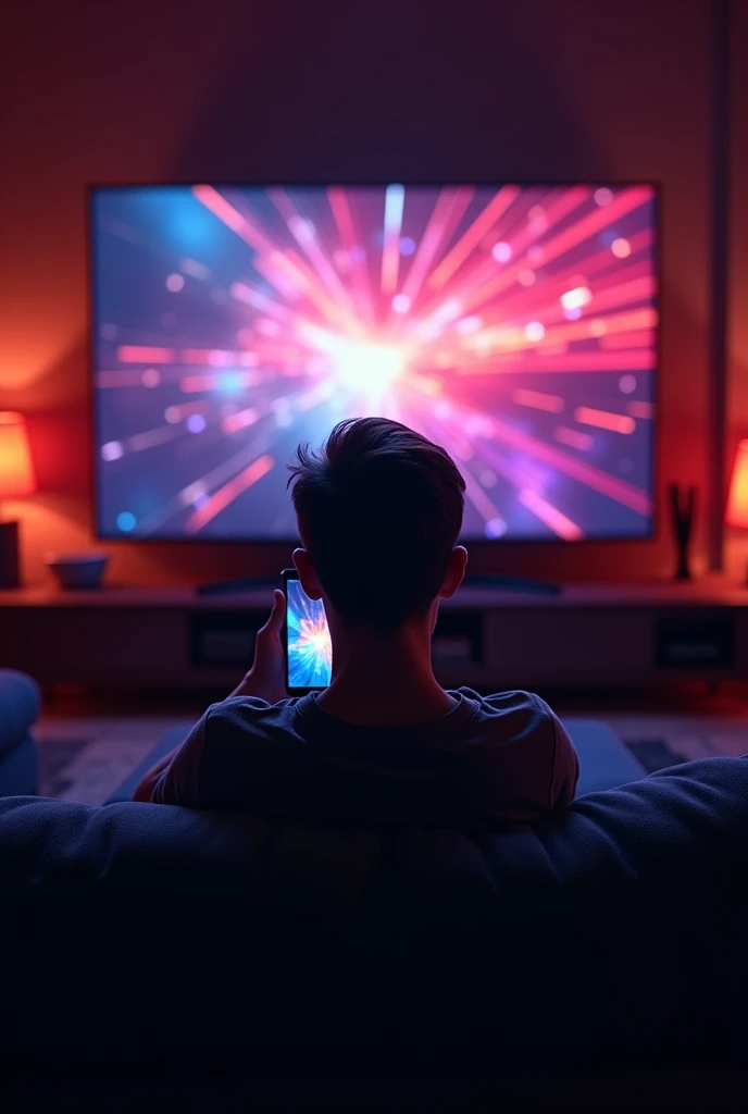 image of a genz man (seated
back view) watching Netflix on phone. the phone needs to have a larger than life perspective as if the boy was infront of a large phone screen (seems like a theater screen). he can be seated on a couch.Keep it to night light with shades of black,red, purple .
16:9 landscape image